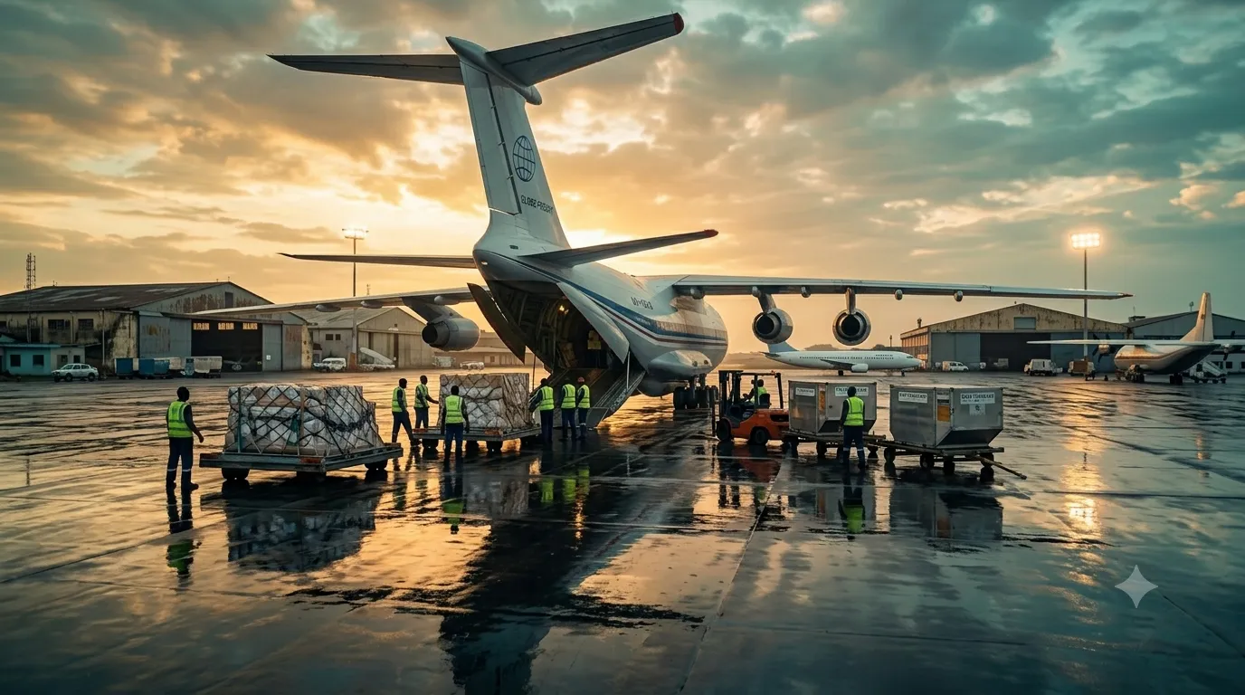 Chargement d'un avion cargo sur le tarmac d'un aéroport d'Afrique de l'Ouest