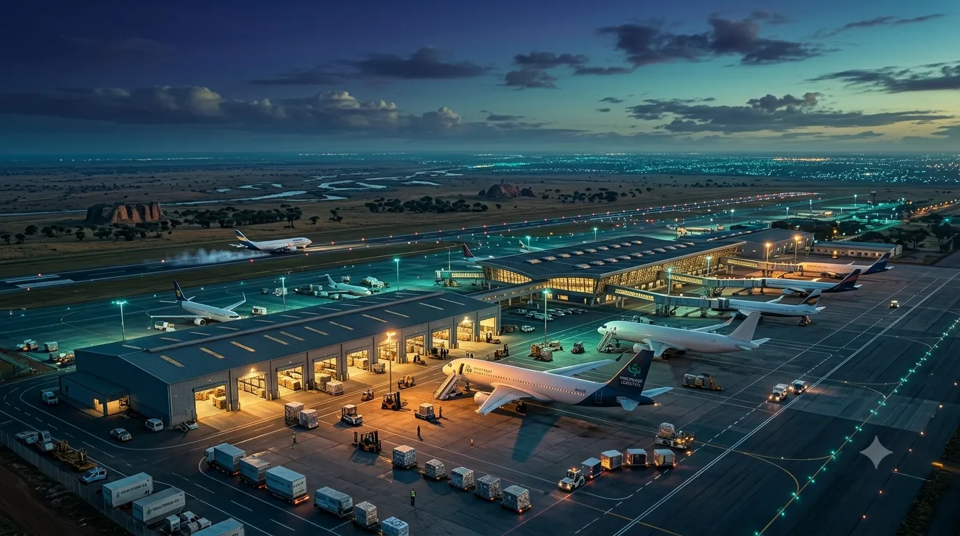 Vue aérienne d'un aéroport cargo africain au crépuscule